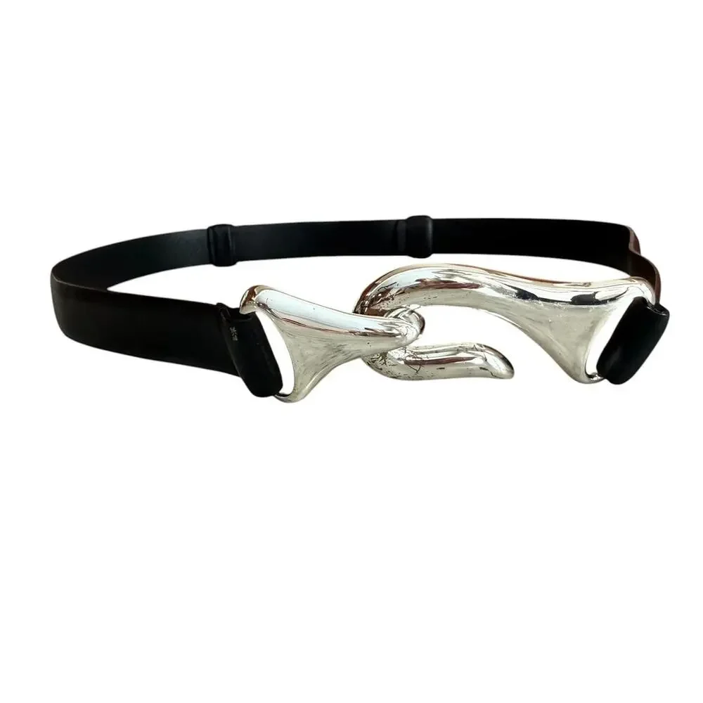 Chicos Leather Adjustable Slide Belt Black Silver Fish Hook Buckle